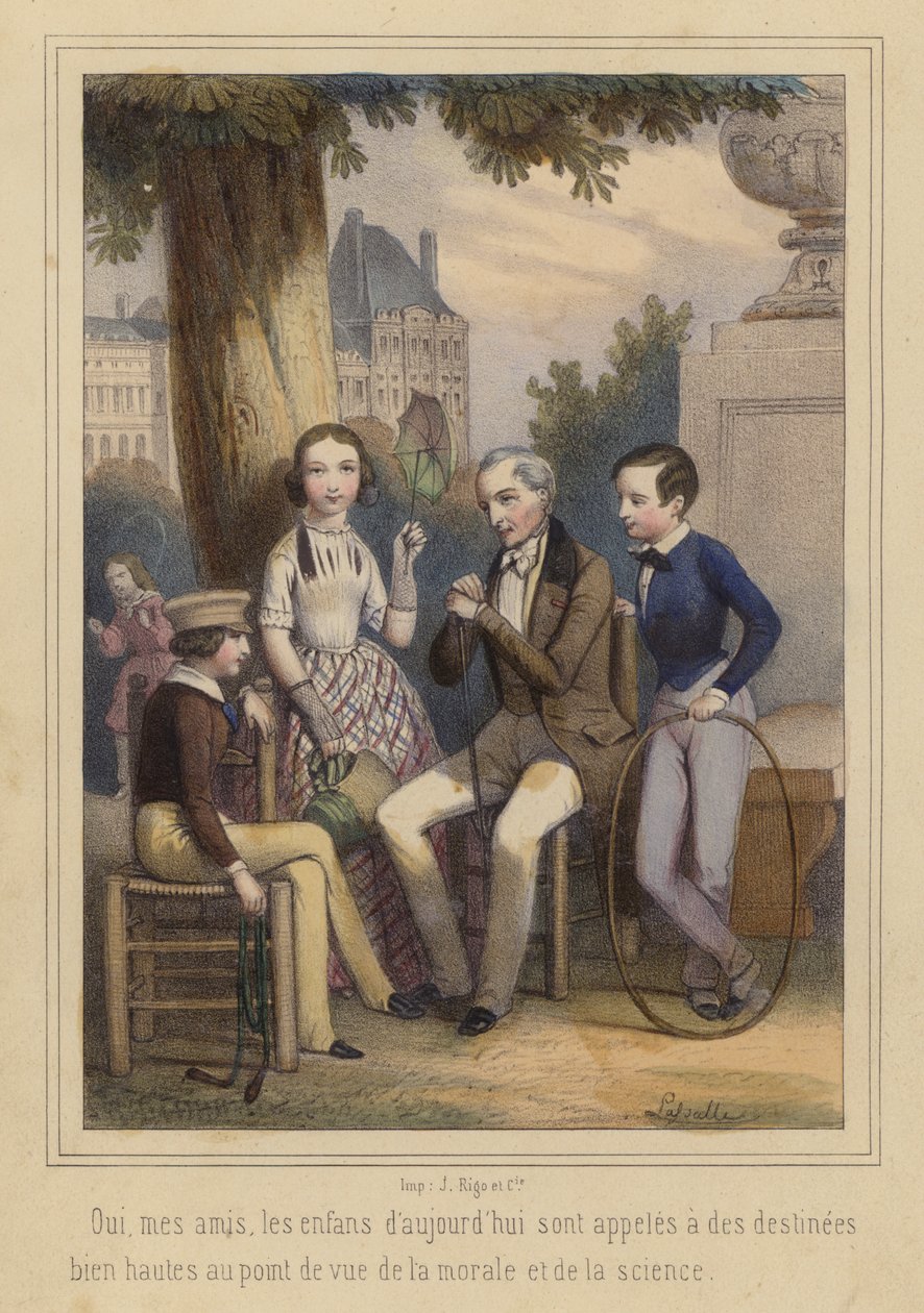 Dnešní děti, předurčené k velkým činům v oblasti morálky a vědy (barevná litografie) od French School
