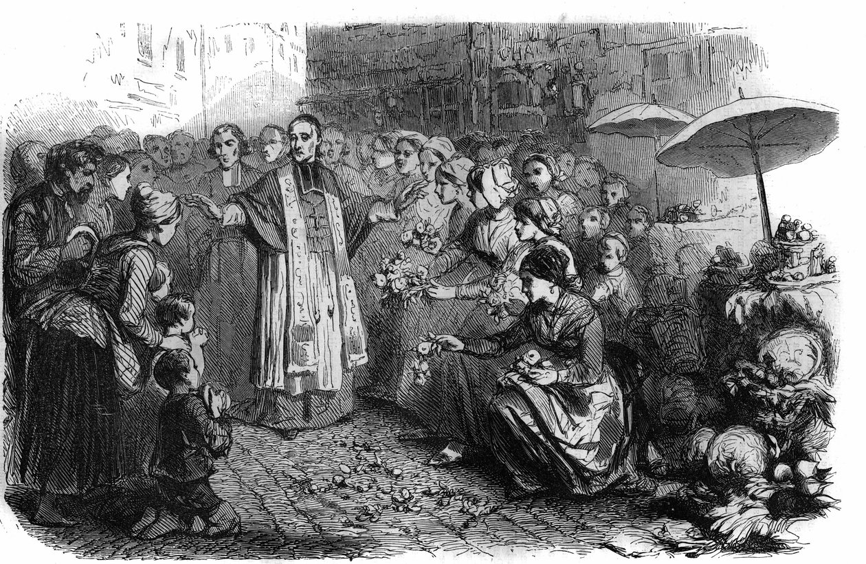 Cholera v Římě: Papež Gregoire XVI (1765-1846) nařídil procesí, rogace a požehnání, aby zastavil pochod cholery. Rytina v „Histoire des Papes-Rois-Queen and Empereurs a travers les století“ od Maurice Lachatre od French School