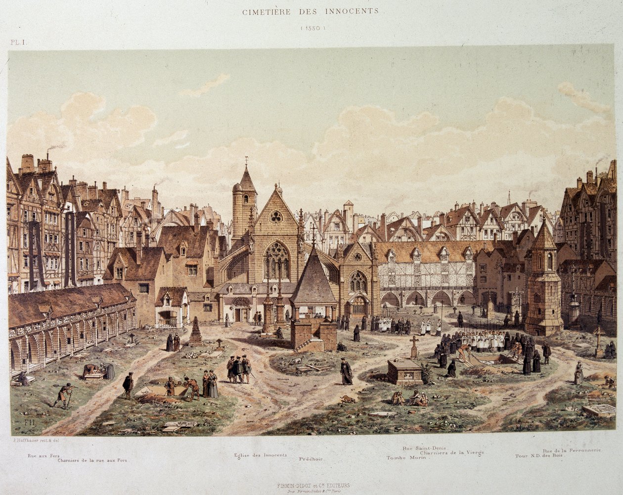 Kostel a hřbitov neviňátek v roce 1550 - v „Paris a travers les ages“, konec 19. století. od French School