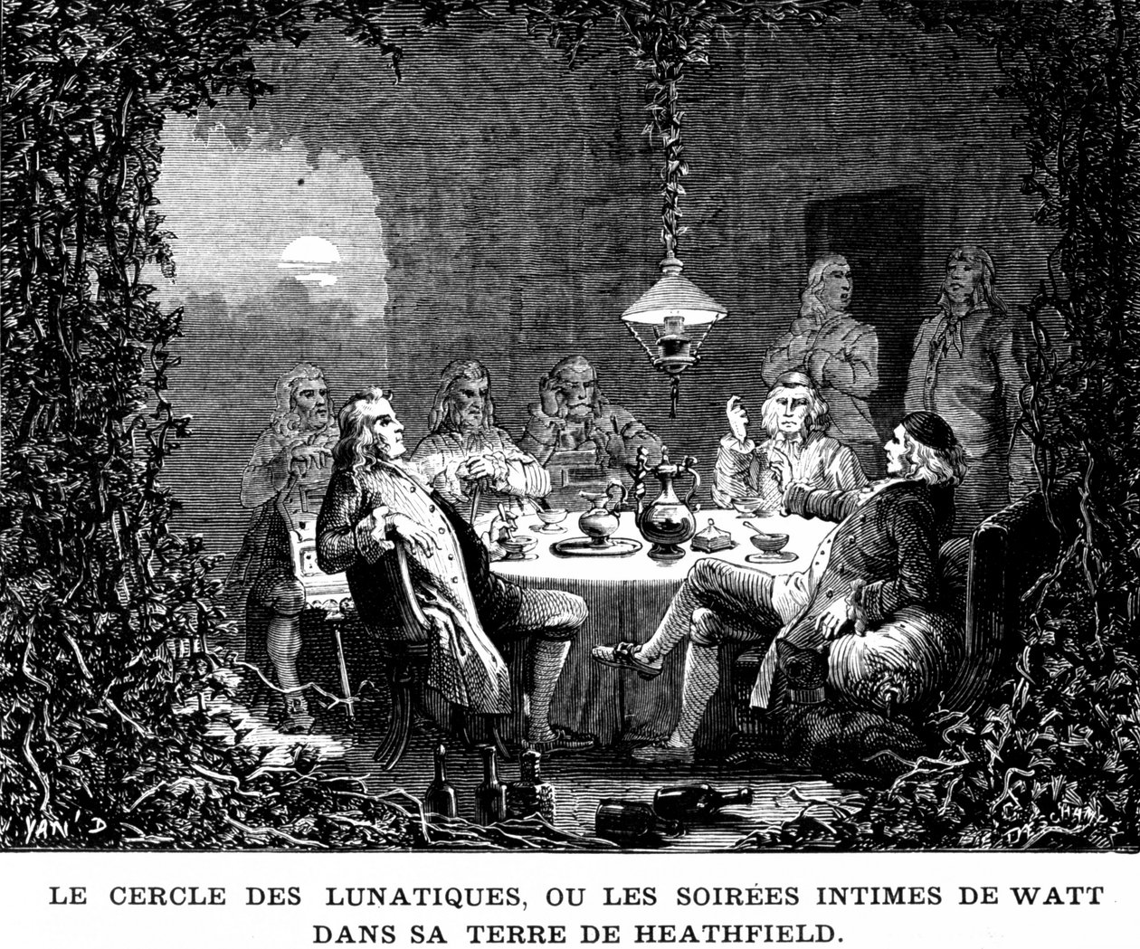 Kruh šílenců aneb Wattovy intimní večery v Heathfieldově zemi - v „“ Album of Science; proslulí učenci; Velké objevy “”” 1896. od French School