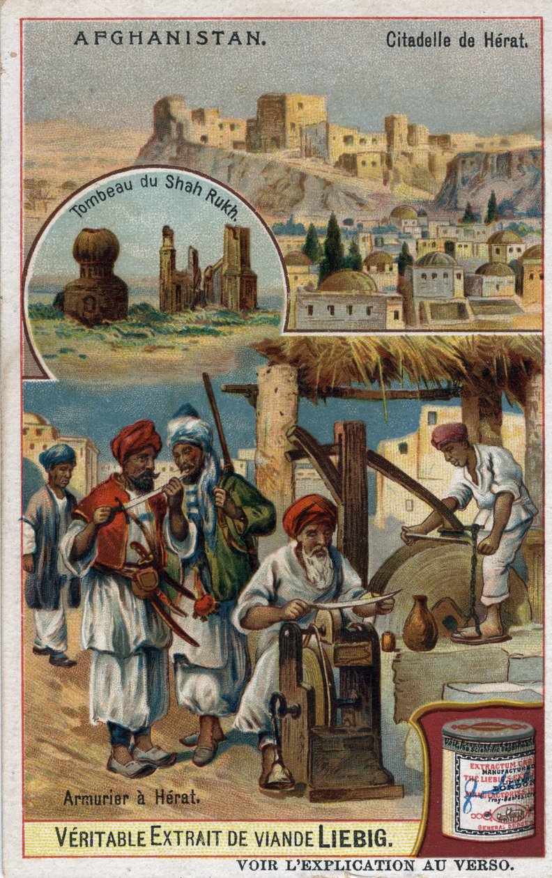 Město a zbrojíři města Herat v Afghánistánu a hrobka Shah Rukh. Chromolitografie 19. století. od French School