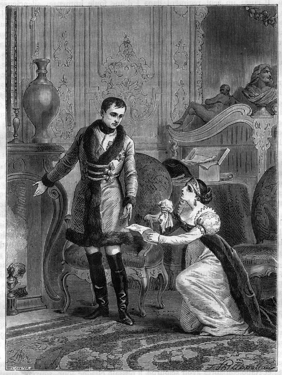 Milost císaře Napoleona I. (1769-1821) princezně z Hatzfeldu, která přišla 28. října 1806 požádat o milost pro svého manžela prince Hatzfelda, obviněného ze zrady, - milost císaře Napoleona I. (1769-1821) princezna z Hatzfelu od French School