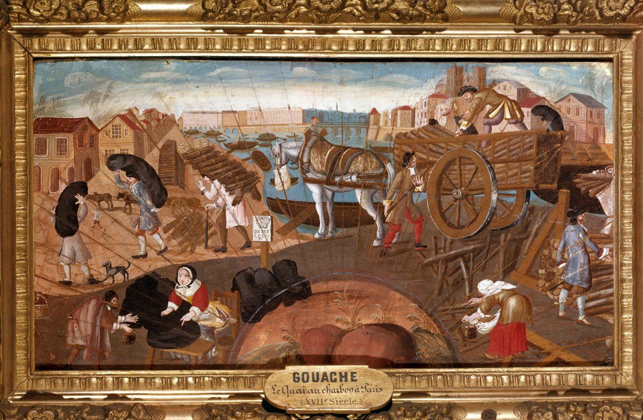Uhelný dok v Paříži Scéna obchodu s uhlím v ulicích Paříže. Anonymní vějířový obraz francouzské školy 17. století. Remeš, Musee Saint Denis od French School