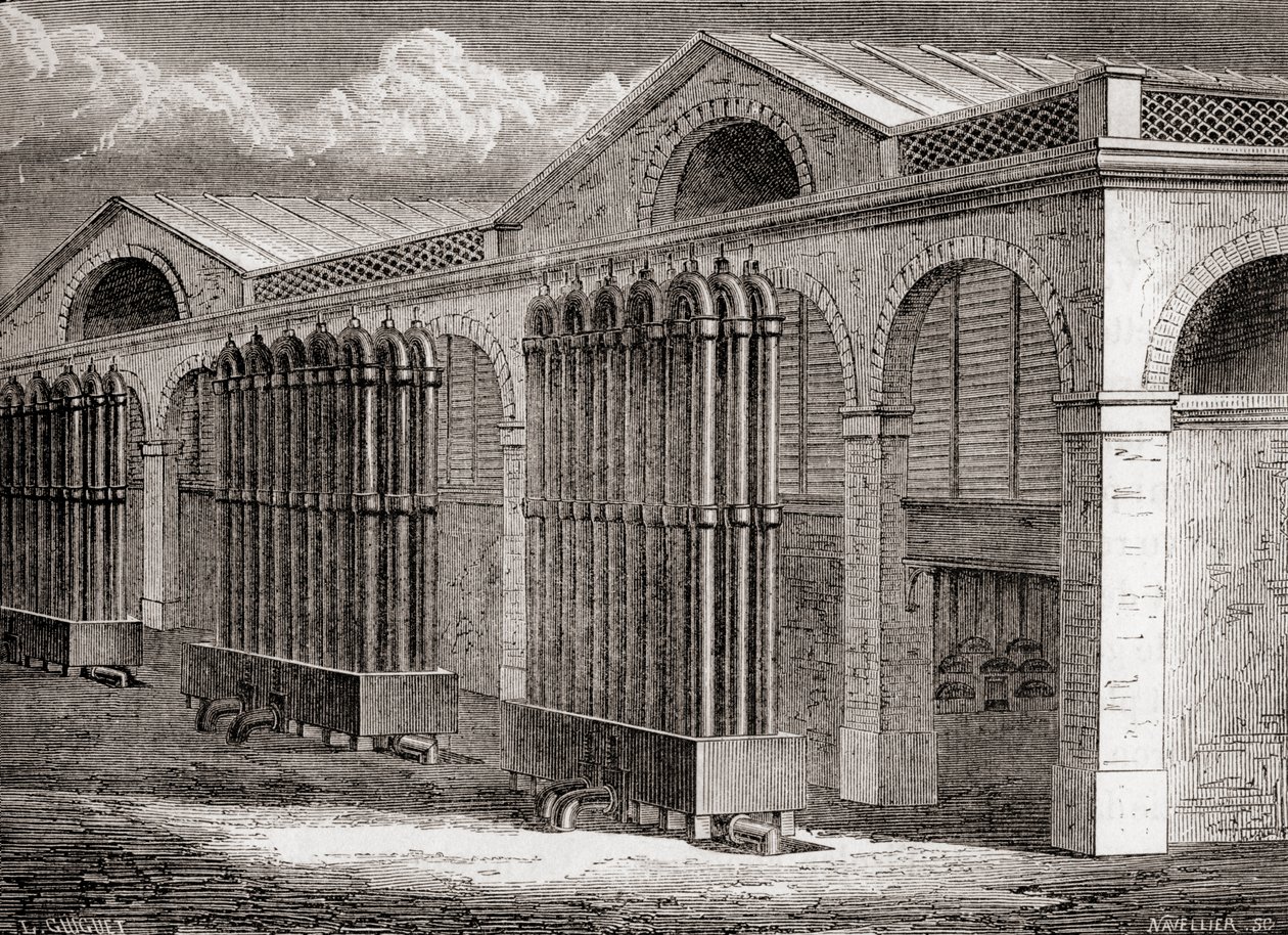 Kondenzátor uhelného plynu v La Villette, Paříž, Francie v 19. století, z „Les Merveilles de la Science“, vydáno kolem roku 1870 (rytina) od French School