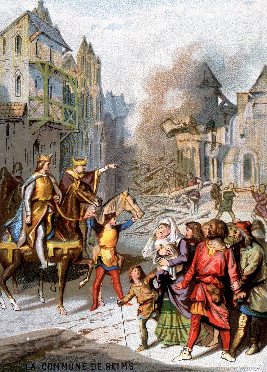 Komuna Reims (1160) – Represálie Ludvíka VII. s cílem zničit komunální svobody buržoazie z Remeše. Chromolitografie řady „“Vlastenecká výchova obrazem““. od French School