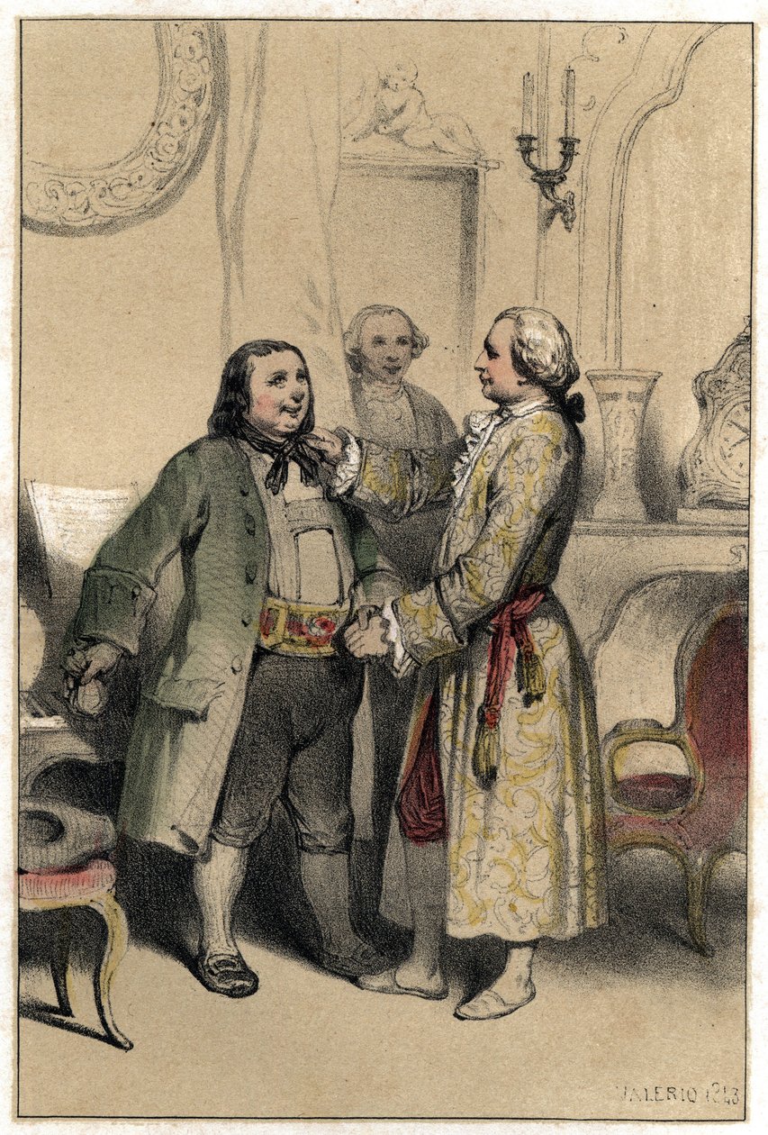 Skladatel Joseph Haydn přijal muže, který ho přišel požádat, aby sestavil jídelní lístek na svatbu jeho dcery. Deska převzata z rytiny „“Scenes de la vie des hommes slavný“““ ve dvou odstínech od Valeria. 1843. od French School