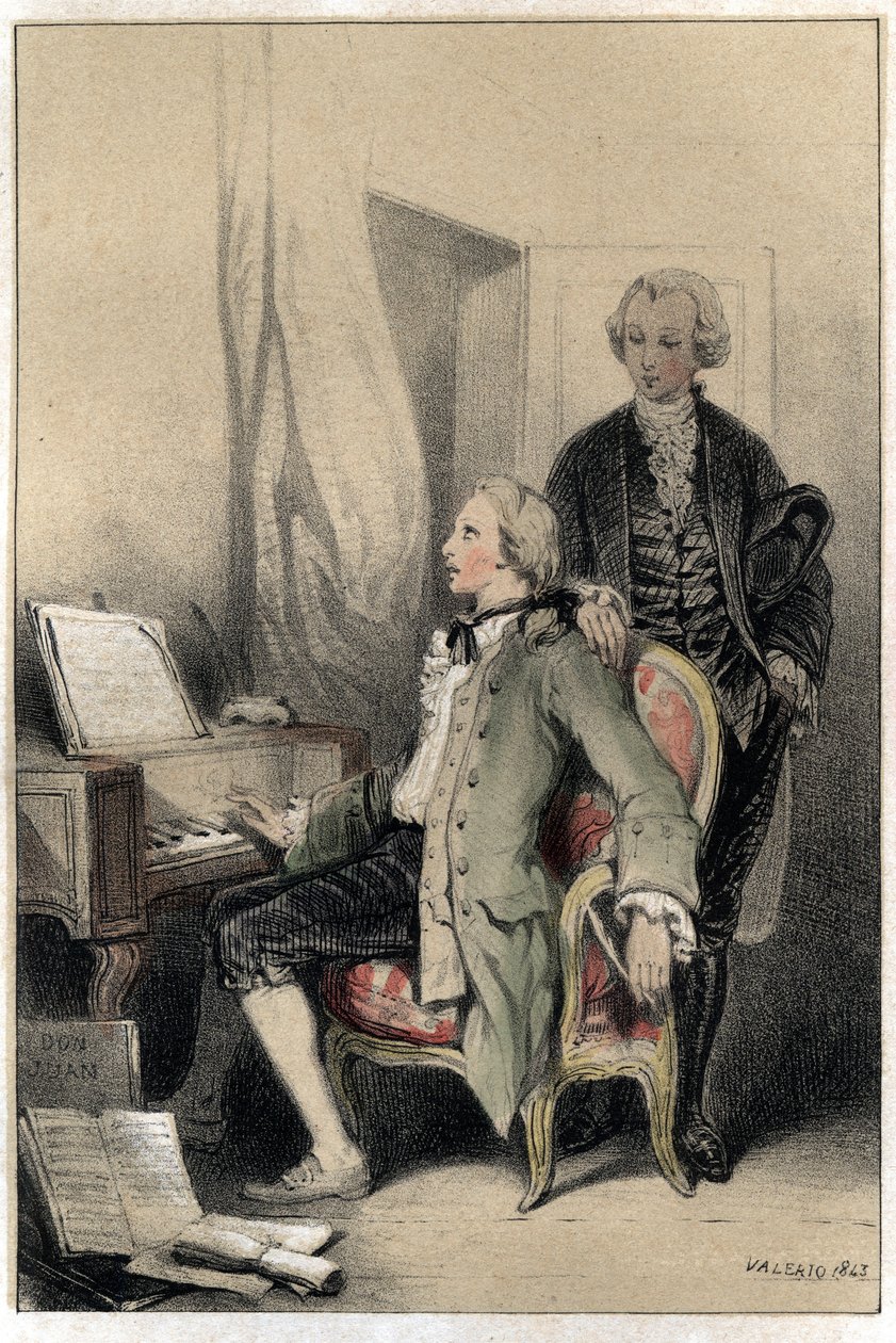 Skladatel Wolfgang Amadeus Mozart (1756-1791) skládající rekviem. Deska převzata z rytiny „“Scenes de la vie des hommes slavný“““ ve dvou odstínech od Valeria. 1843. od French School