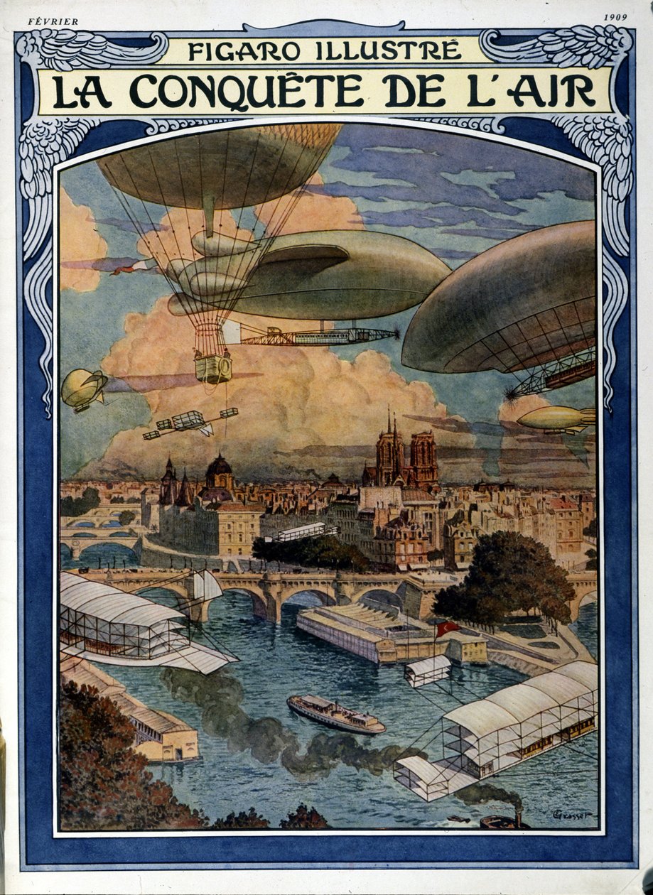 Dobývání vzduchu: vzducholoď, balon a horkovzdušný balon nad Paříží - obálka v časopise Figaro Illustrated z února 1909 od French School