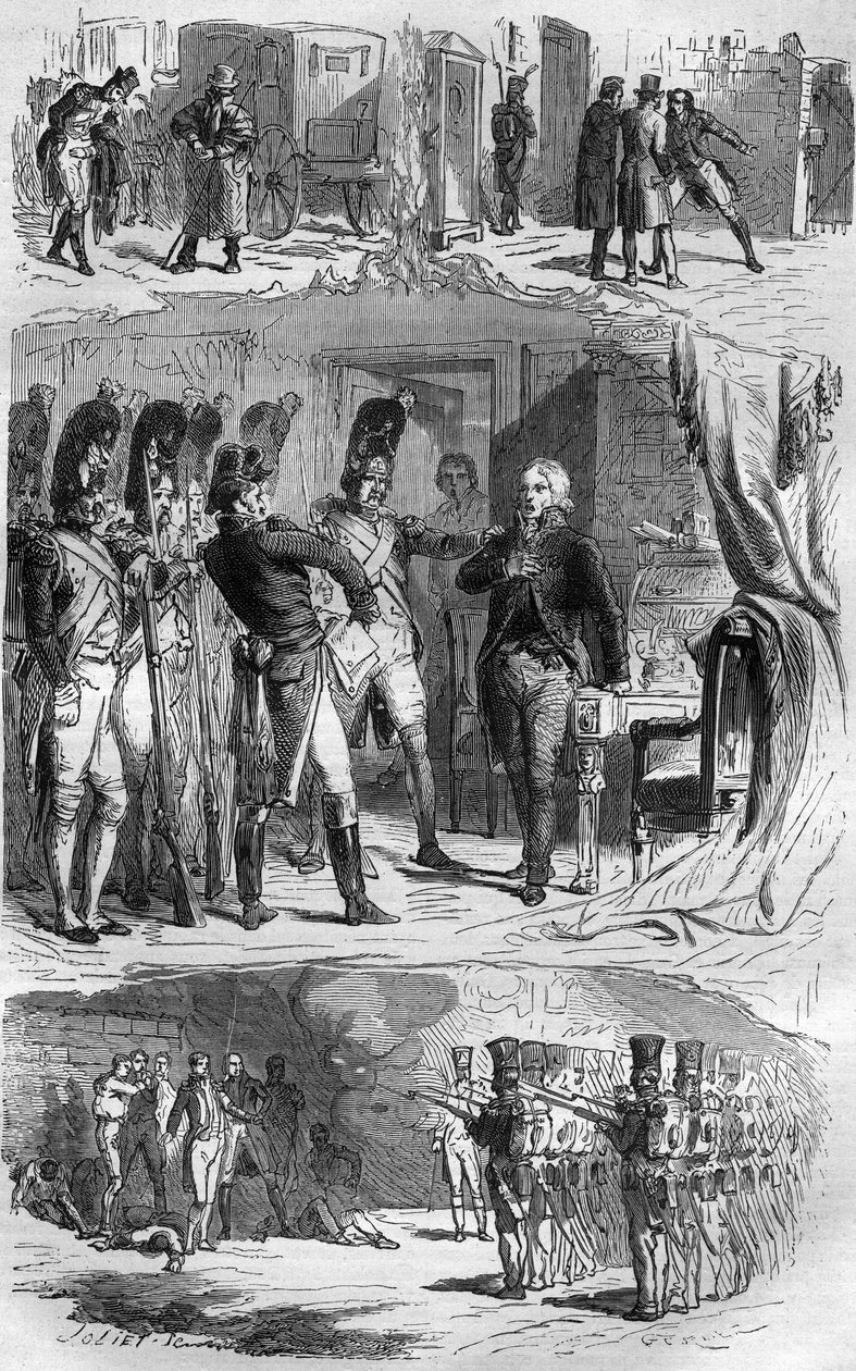 Spiknutí Claude Francois de Malet (Claude-Francois Malet) (1754-1812), generál Říše, autor převratu proti Napoleonovi z roku 1812, během ruského ústupu. Rytina v „Historie papežů-králů-královen a císařů v průběhu staletí od French School