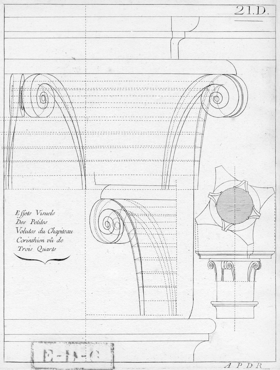 Korintské hlavní město, ilustrace z knihy o geometrii, 18. nebo 19. století, vydané Avec Privilege du Roy et E.. du Gouvernement od French School
