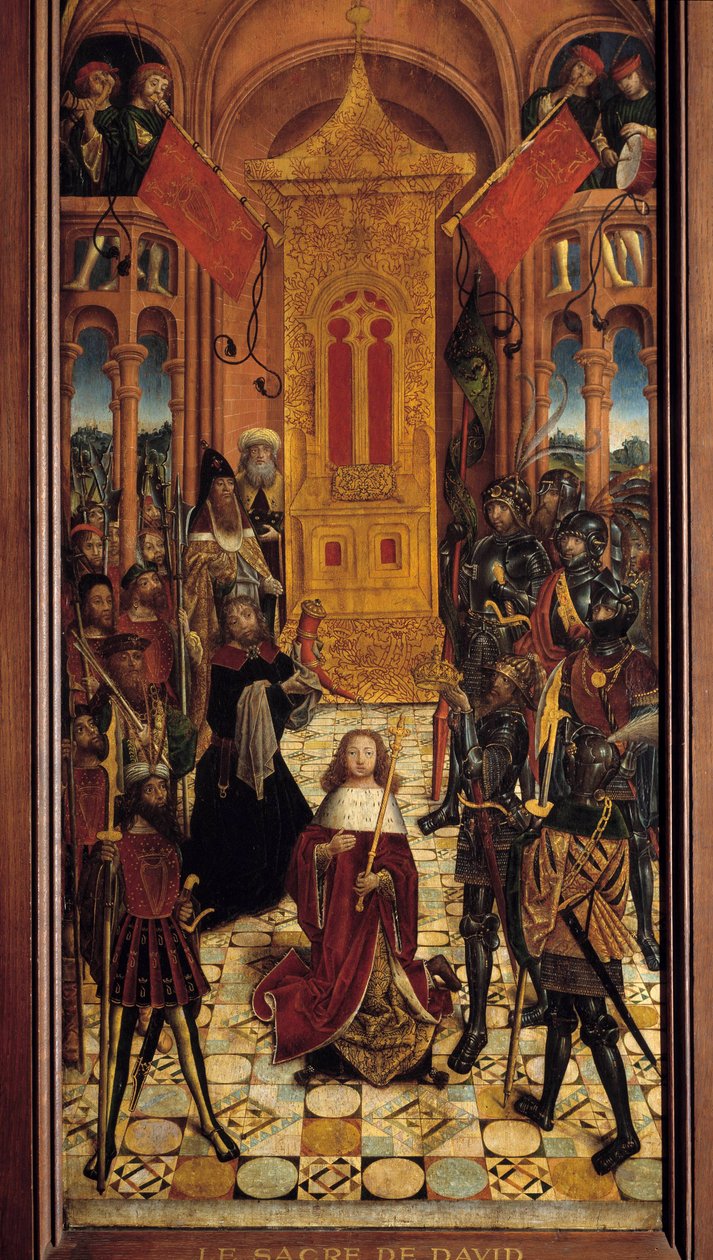 Korunovace Davida Davida je korunním králem Izraele. Malířství francouzské školy 16. století. 1501. z Cathedrale d
