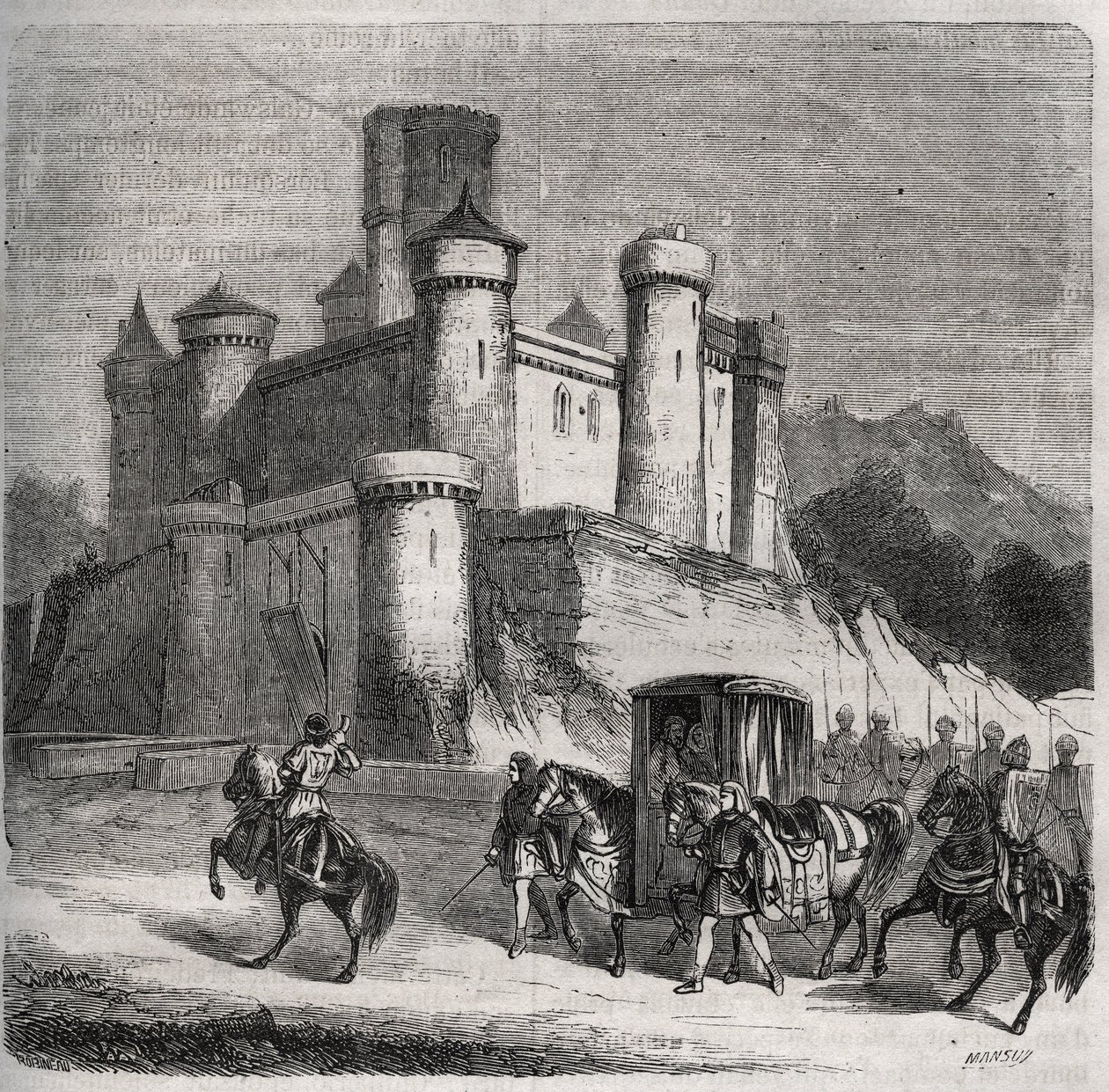 Sbor Rigonde (Rigonthe) (kolem 569-po 589) opouští Paříž, aby šel za svým snoubencem, princem Recaredem. Rytina z roku 1871 v „Histoire Des Cocus Celebres““ od Henryho de Kocka (1819-1892). od French School