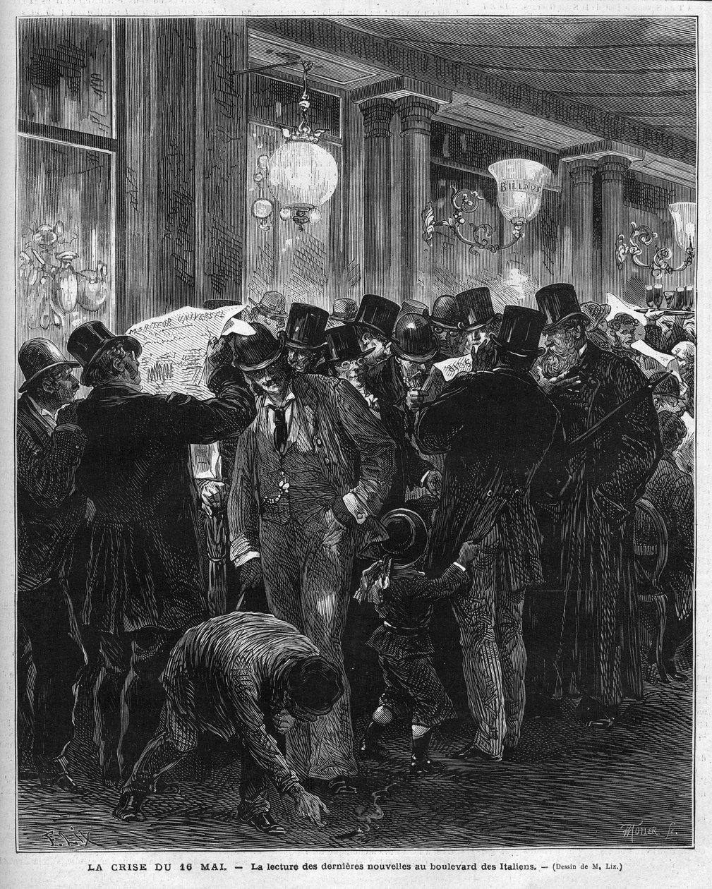 Krize 16. května 1877: čtení nejnovějších zpráv na bulváru des Italians v Paříži. Tato francouzská politická krize je výsledkem dopisu Mac Mahona (Mac-Mahon), v němž kritizoval postoj předsedy Rady Julese Simona, který nakonec od French School