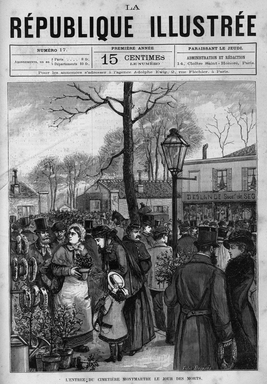 Dav před vchodem na hřbitov Montmartre v Paříži v den mrtvých (Toussaint). Noviny. Rytina z roku 1880 v soukromé sbírce „La republique illustree“. od French School