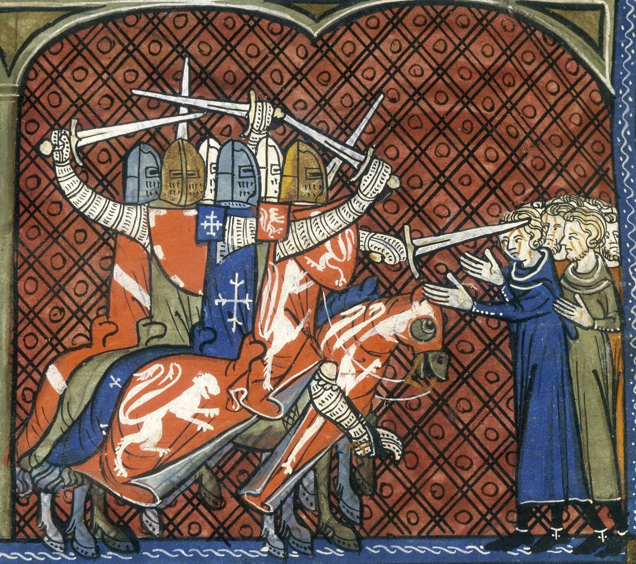 Křížová výprava proti Albigenským, c1325-c1350. Vojáci na koních s meči zaútočí na skupinu Albigenců. Papež Innocent III. kázal svatou válku proti albigenským křesťanům, protože se obával šíření jejich víry. V roce 1209 nařídil od French School