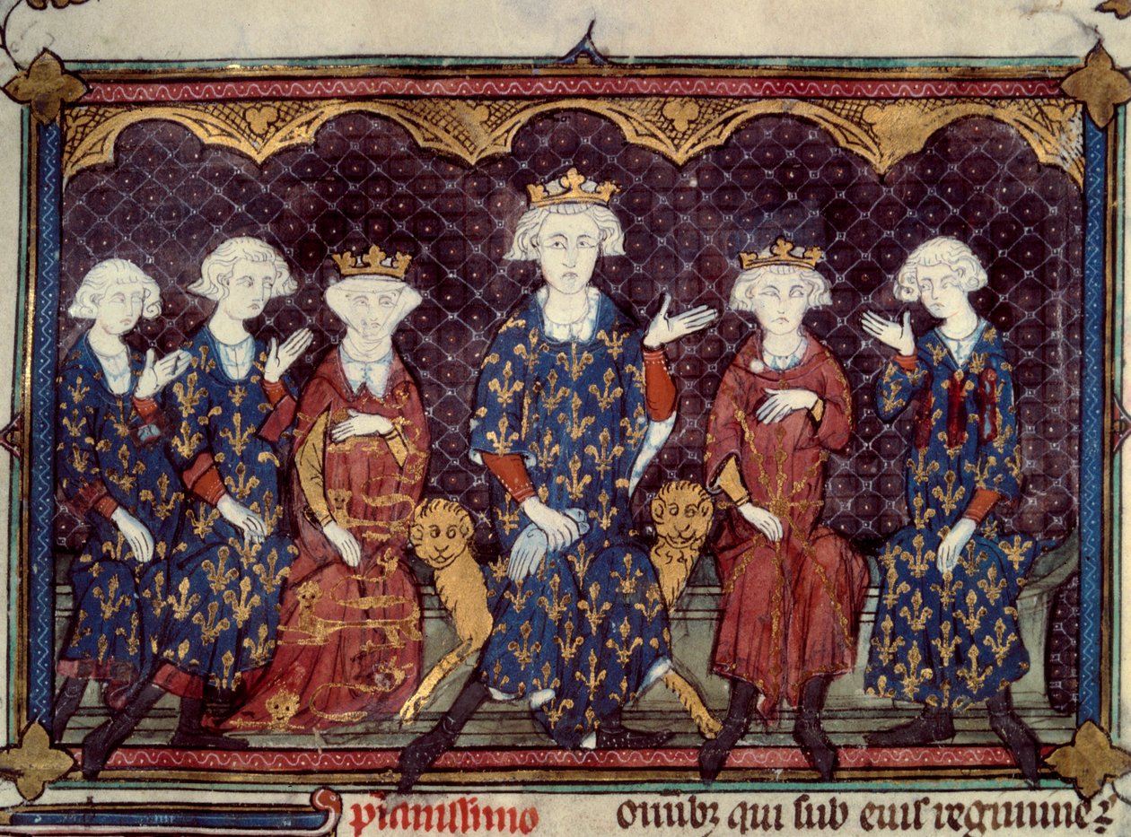 Prokletí králové: Filip IV. krásný (1268 - 1314) obklopuje svou dceru Isabellu (anglickou královnu) a jeho tři syny Ludvíka (král Ludvík X.), Karla (král Karel IV.), Filipa (král Filip V.) a jeho bratra Charles de Valois - Miniatura z La od French School