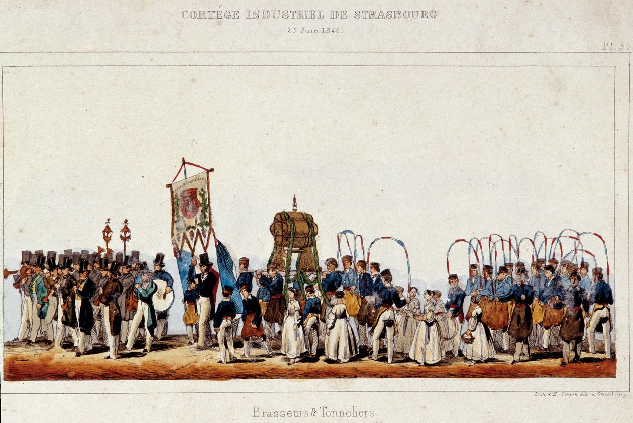 Tanec sládků a bednářů během průmyslového průvodu ve Štrasburku 25.6.1840. Simonova litografie od French School