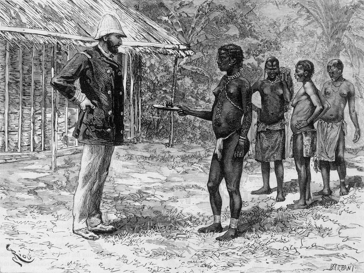 Dcera Libossi předkládá panu de Brazza misku z housenek - v „“ Tour du Monde“, 2. týden 1888 od French School