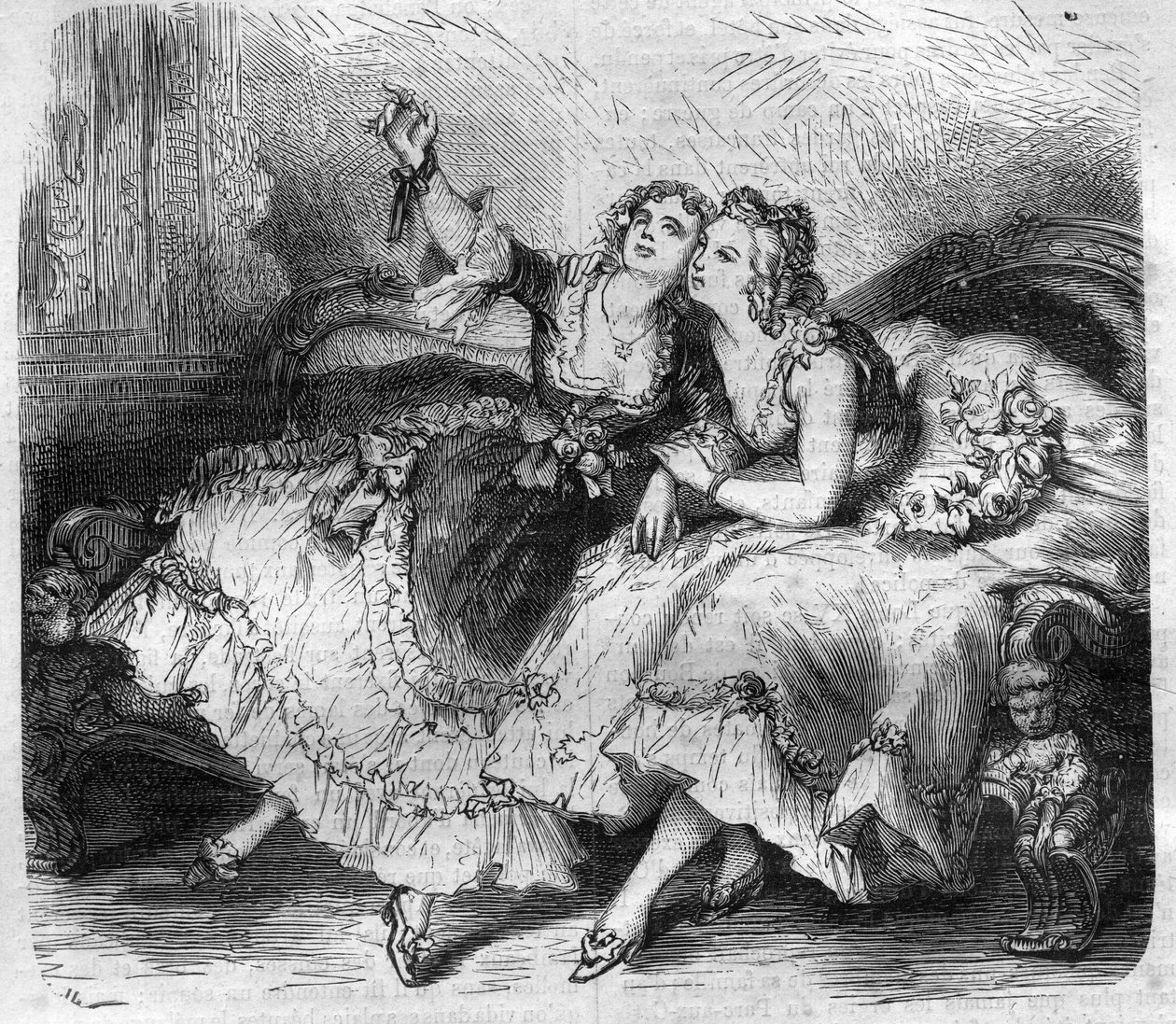 Dcery „harému“ francouzského krále Ludvíka XV. dit le Bien-Aime (Bien Aime) (1710-1774). Rytina v „Historie papežů-králů-královen a císařů v průběhu staletí““ od Maurice Lachatre od French School