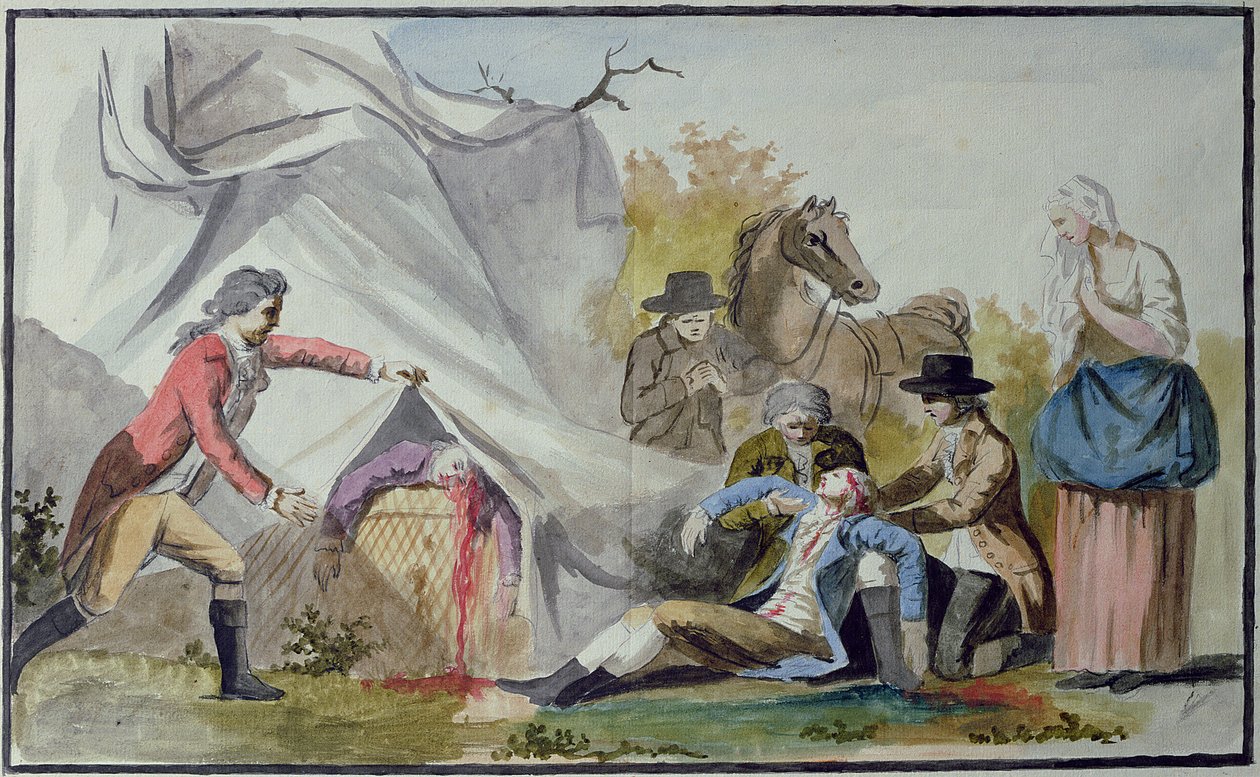 Smrt Francoise Pilatre de Rozier (1754-85) u Boulogne dne 15. června 1785 poté, co se pokusil překročit kanál v balonu Mongolfiere od French School