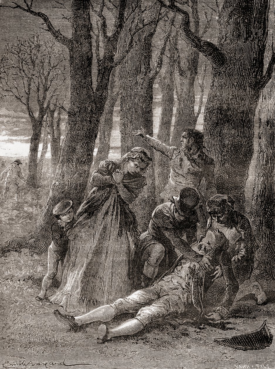 Smrt Philippa Lebona na Champs-Élysées poté, co byl třináctkrát bodnut, z „Les Merveilles de la Science“, vydáno kolem roku 1870 (rytina) od French School
