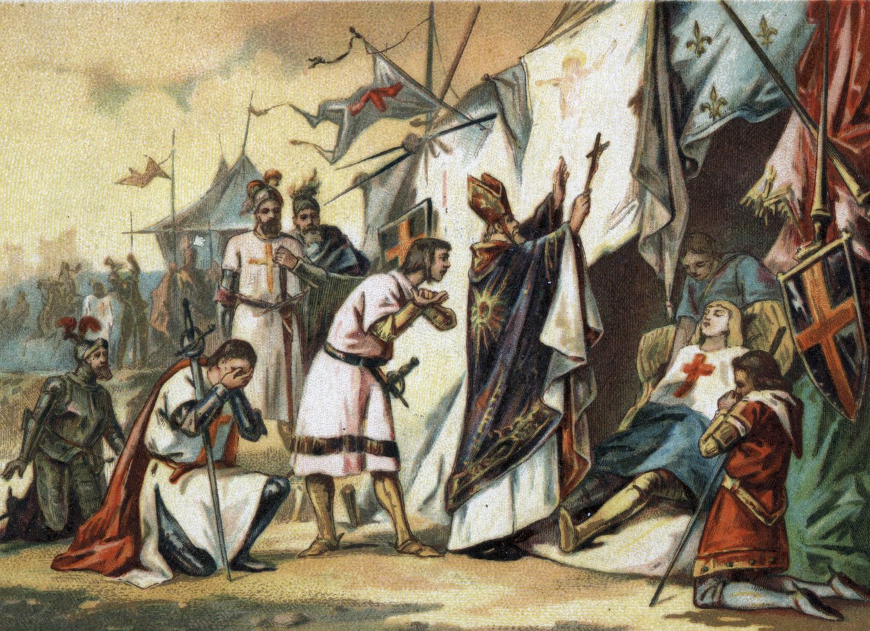 Smrt Saint Louis (Louis IX) (1214/1215-1270) v Tunisu. Chromolitografie konce 19. století od French School