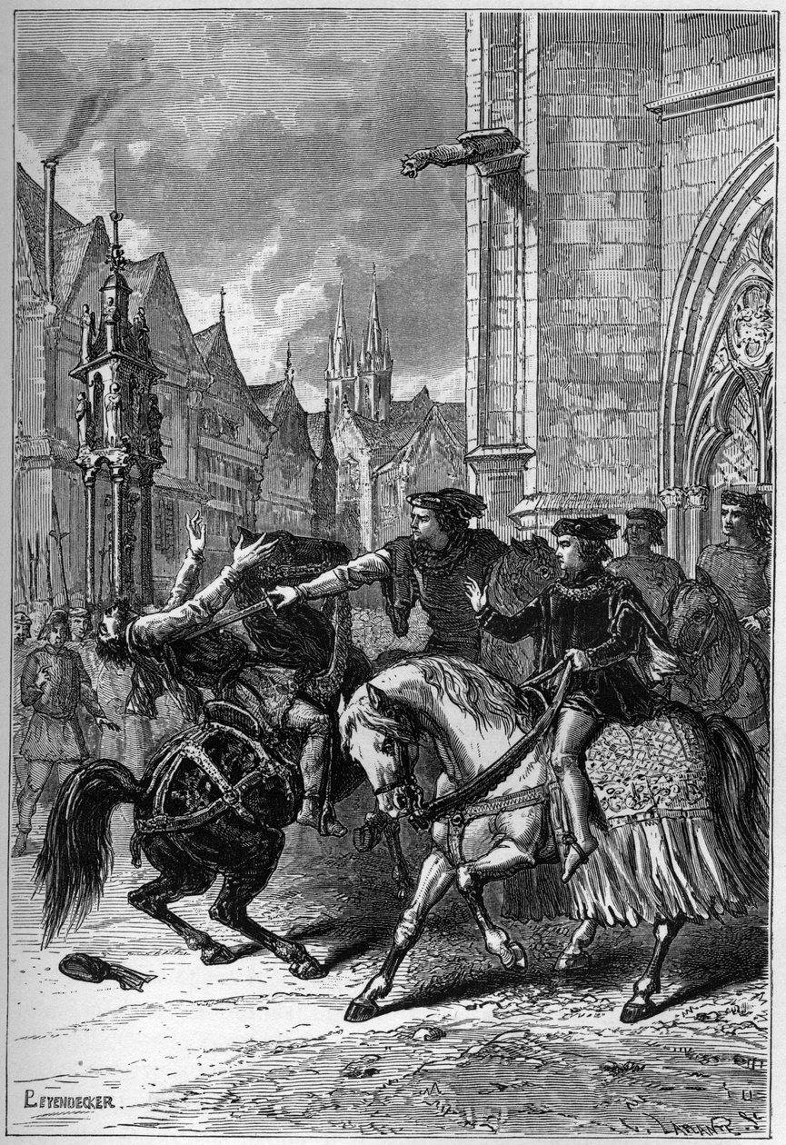 Smrt Wata Tylera ve Smithfieldu v Londýně v roce 1381 během rolnického povstání - Smrt Wata (nebo Waltera) Tylera, anglického revolucionáře, ve Smithfieldu během rolnického povstání v Londýně od French School