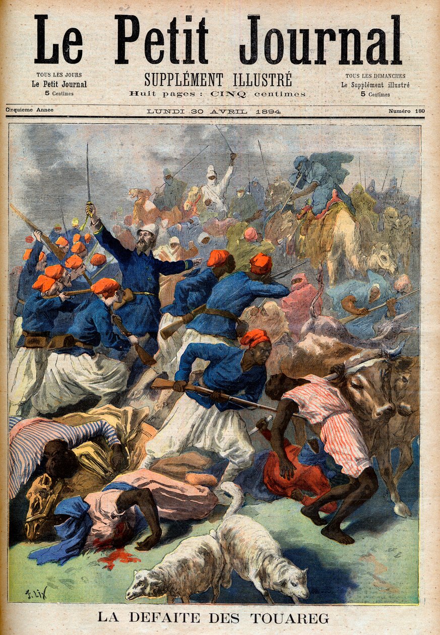 Porážka Tuaregů. Francouzské koloniální jednotky pod velením podplukovníka Josepha Joffreho (1852-1931) - Porážka Touaregu. Ilustrace pro Le Petit Journal, 30. dubna 1894 (rytina) od French School