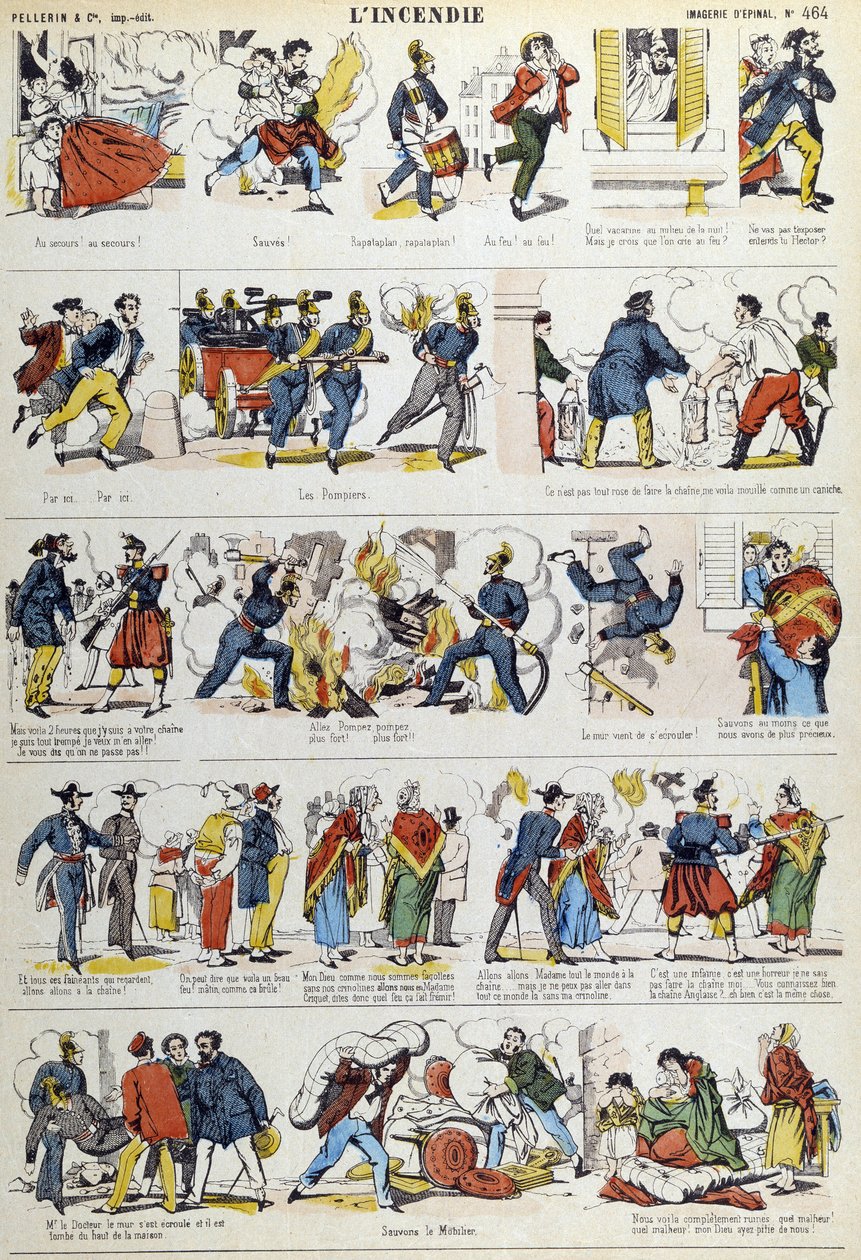 Různé fáze požáru v 19. století. Obrázek Epinal z 19. století. od French School