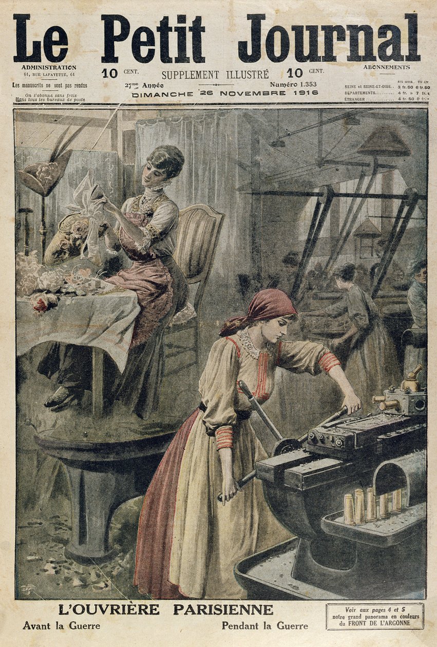 Různé typy práce pro pařížské ženy před a během 1. světové války, ilustrace na obálce Le Petit Journal, 26. listopadu 1916 od French School