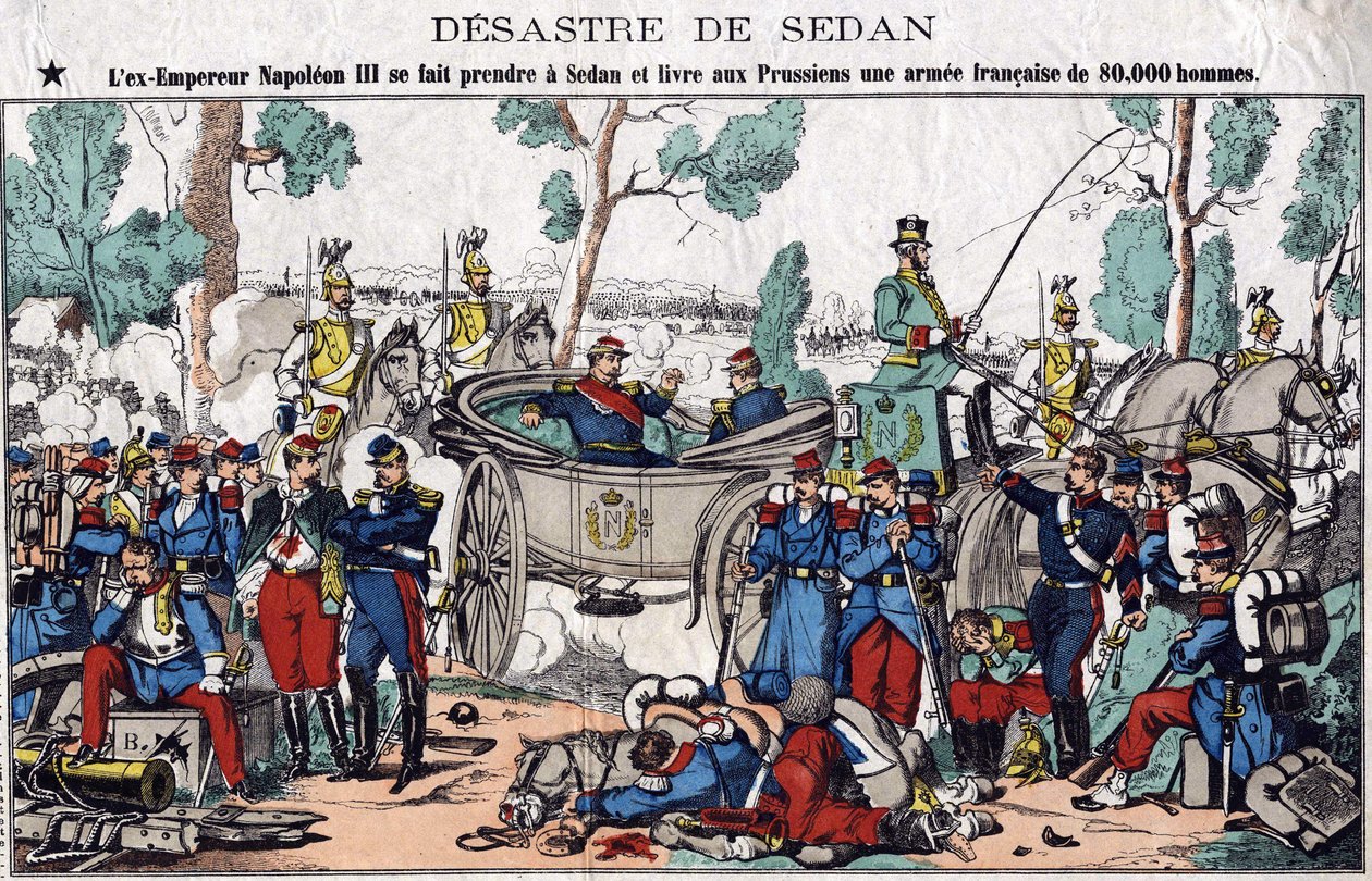 Katastrofa sedanu; bývalý císař Napoleon III. je chycen v Sedanu a doručuje Prusům francouzskou armádu o síle 80 000 mužů, obraz páteře z 19. století. od French School