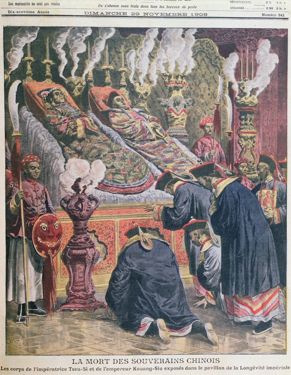 Vystavení těl císaře Kouang-Siu (1872-1908) a jeho tety císařovny Tseu-Hi (1835-1908) v pavilonu císařské dlouhověkosti, ilustrace z Le Petit Journal 1908 (barevná lit. od French School