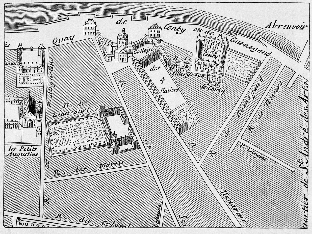 Čtvrť College des Quatre Nations (čtyři národy) a hotel Conti-Fac-Simile v plánu J. de la Caille od French School