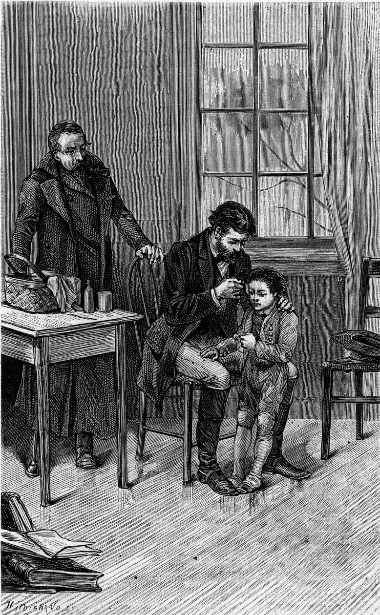 Doktor mramoroval: lékař prohlíží ucho neslyšícího dítěte. Rytina ilustrující nový „Koberec čtyř facardinů“ od paní de Vitt, rozené Guizot. V „Le Journal de la Jeunesse“ od French School