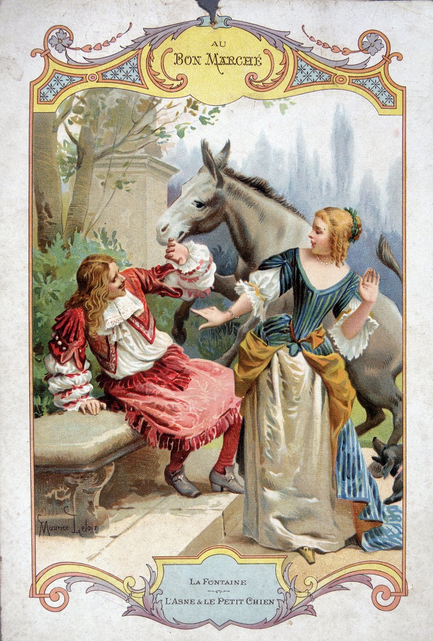 Oslík a malý pes (Fable de La Fontaine) - reklamní samolepka Bon Marché od French School