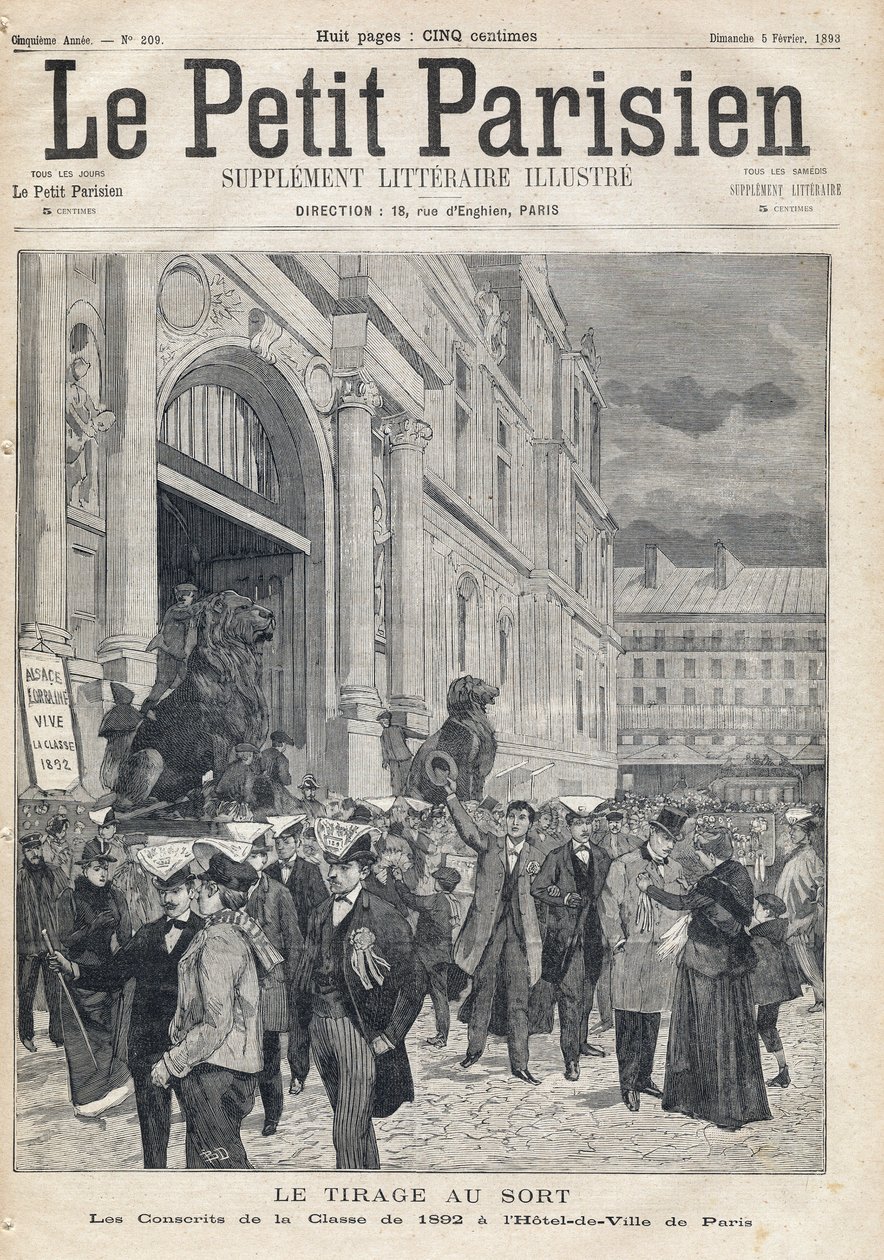 Losování: branci třídy 1892 na pařížské radnici. Jeden z novin "Le petit Parisien"" 5.2.1893 (rytina) od French School