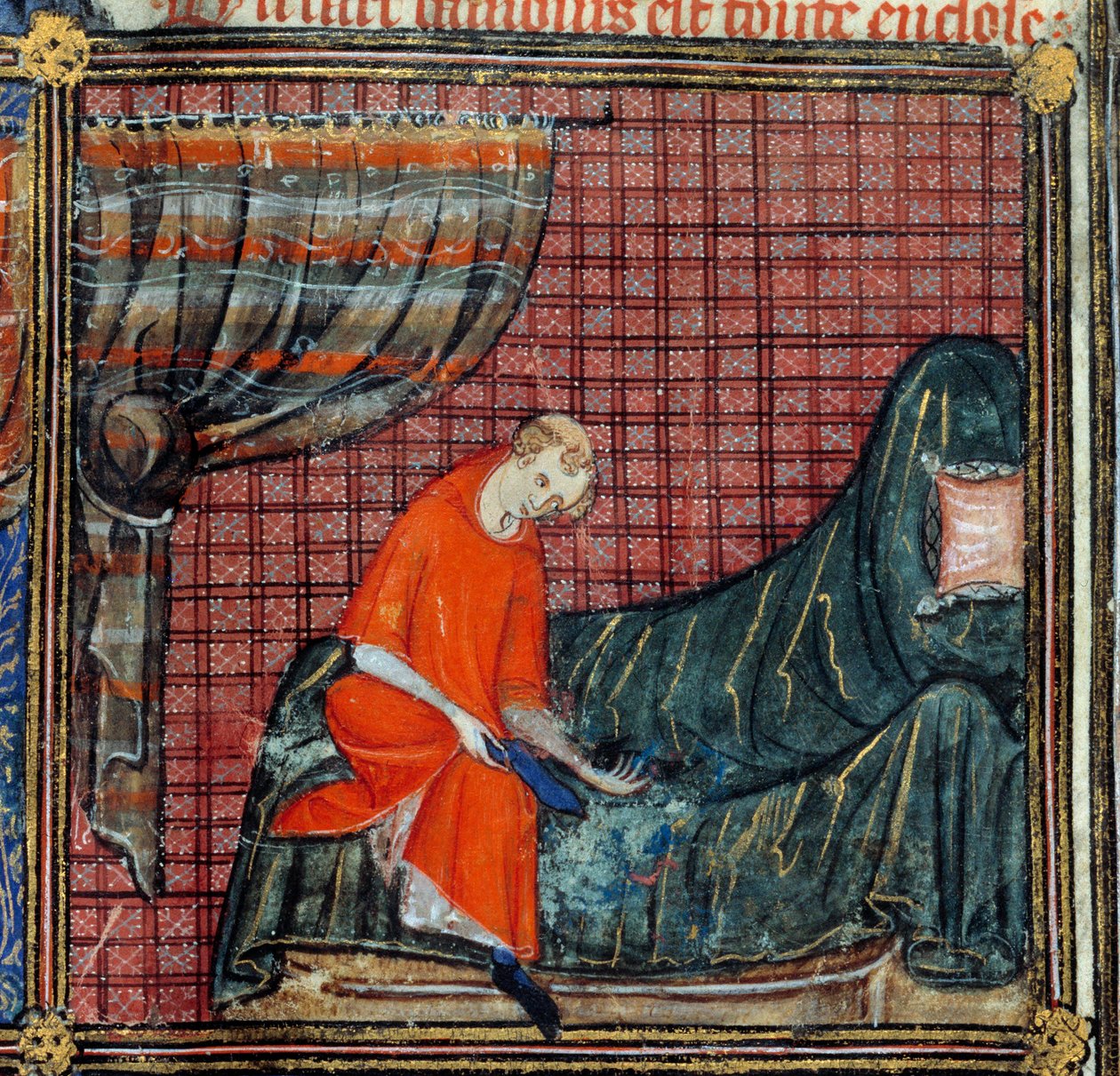 Sen, detail: Šaty The Lover. Miniatura v “” Roman de la rose”” od Jean de Meun, Jean de Meung nebo Jean Chopinel, Jean Clopinel (v.1240-1305), kolem roku 1370. Chantilly, Musee Conde od French School