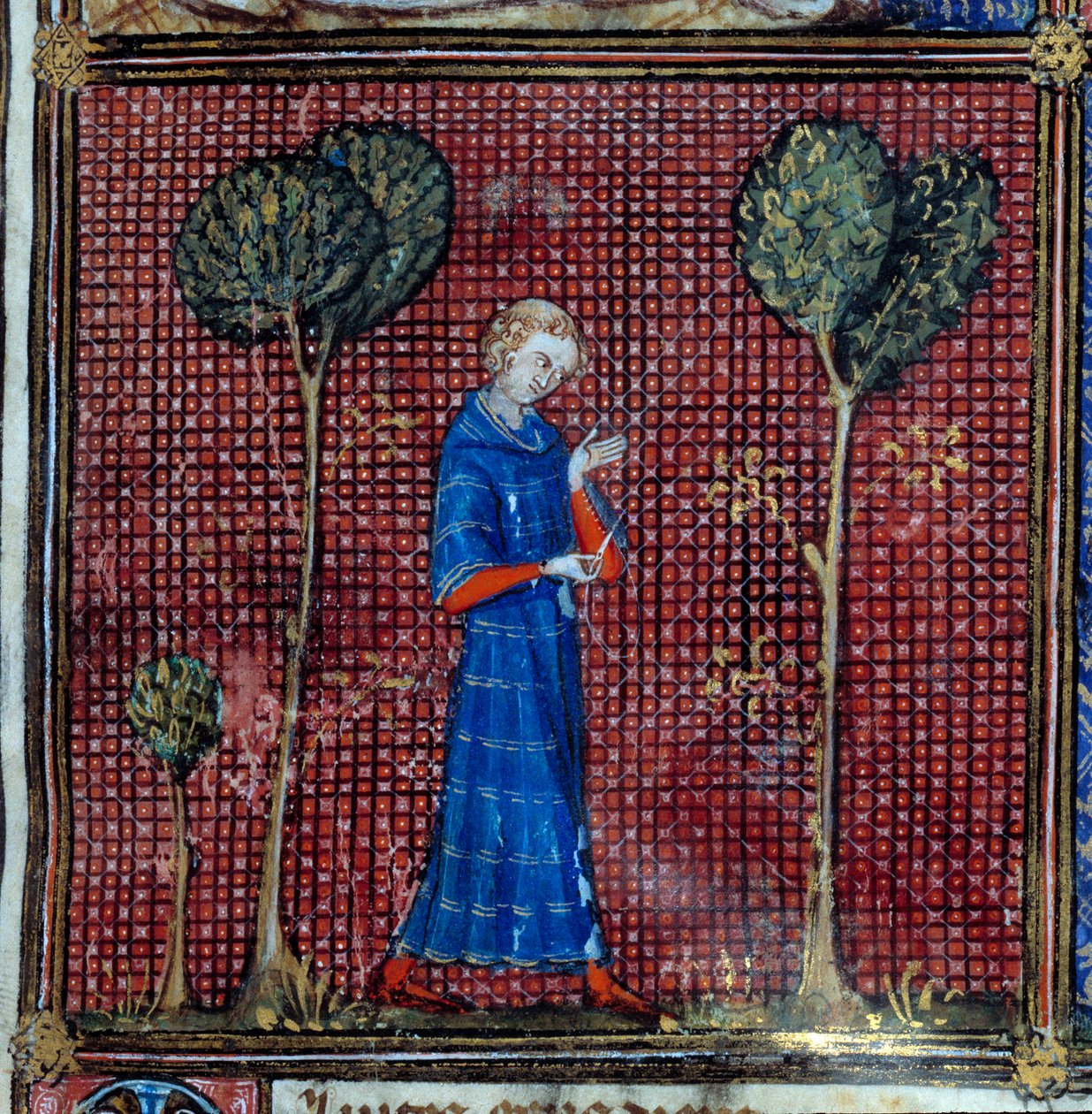 Sen, detail: Milenec si zašívá rukáv košile. Miniatura v "Roman de la rose" od Jeana de Meun, Jeana de Meung nebo Jeana Chopinela, Jeana Clopinela (v. 1240-1305), kolem roku 1370. Chantilly, Musee Conde od French School