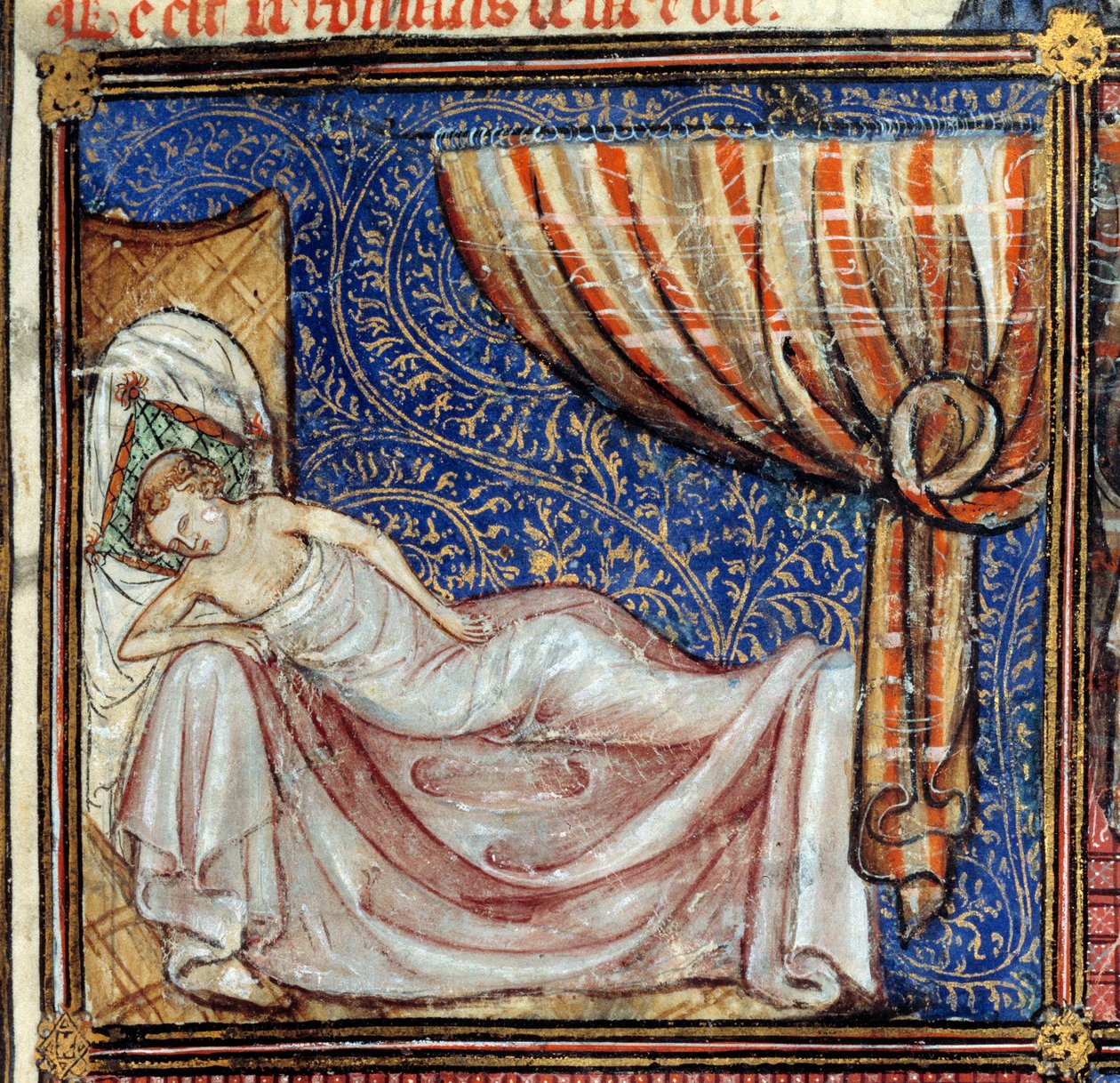 Sen, detail: Spící milenec. Miniatura v knize "Le Roman de la rose" od Jeana de Meun, Jeana de Meung nebo Jeana Chopinela, Jeana Clopinela (v. 1240-1305), kolem roku 1370. Chantilly, Musee Conde od French School