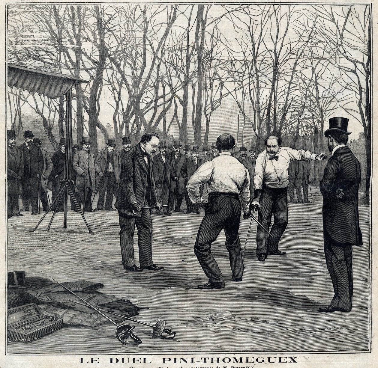 Souboj mistrů zbraní Piniho a Thomeguexe v Parc de Saint Ouen (Saint-Ouen). V "" Le Petit Parisien "" dne 28.3.1897. od French School