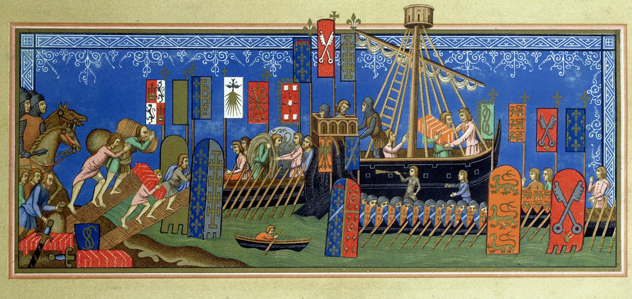 Nalodění rytířů Ducha svatého na křížové výpravy podle miniatury v rukopisu Statuts de lordre du Saint-Esprit de Neapol v Louvru, vyryté Felixem Regameyem (1844-1907) od French School