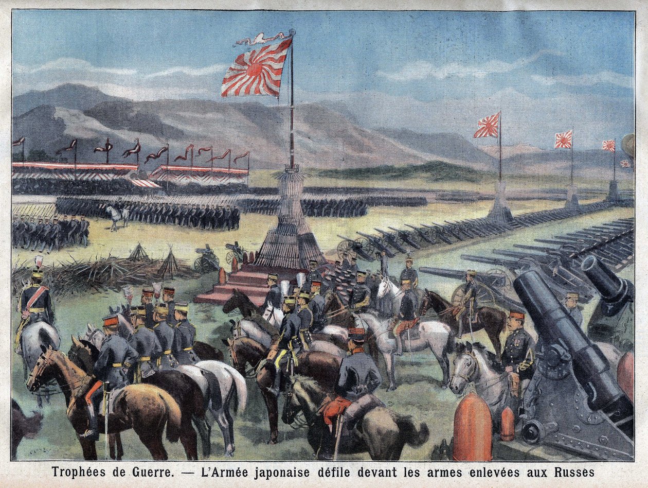 Konec japonského konfliktu Russo, japonská vítězná armáda sedí před převzetím ruských zbraní, v „Le Petit Parisien“, 24. 6. 1906 (rytina) od French School