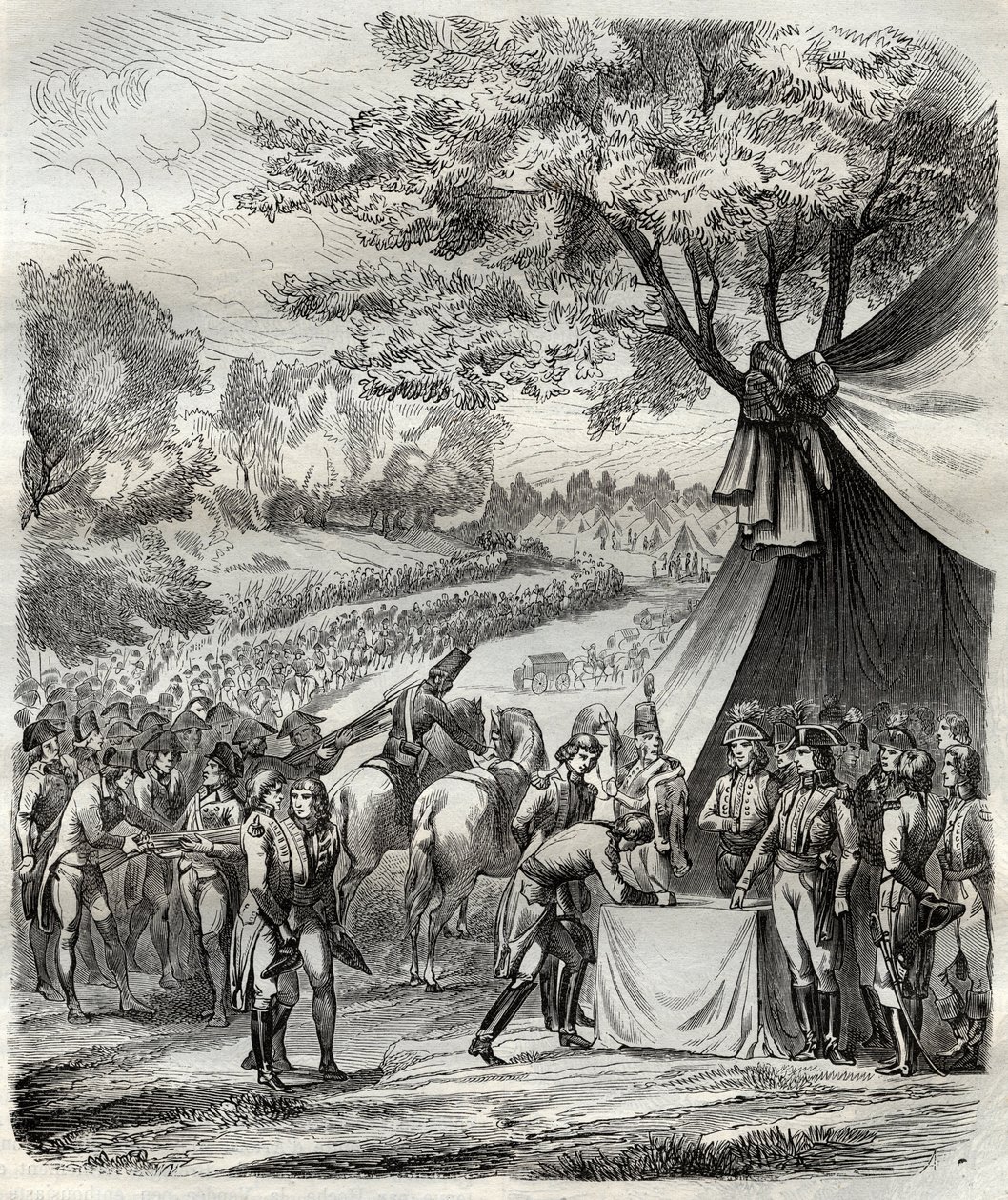 Konec vendejské války - Hoche podepisuje smlouvu s Bretonci - Francouzská revoluce - La pacification de la Vendee - Accords de la Mabilais, 20. dubna 1795 - podpis mezi generálem Hochem a kuchaři chouany - Podpis smlouvy z Mabilais od French School
