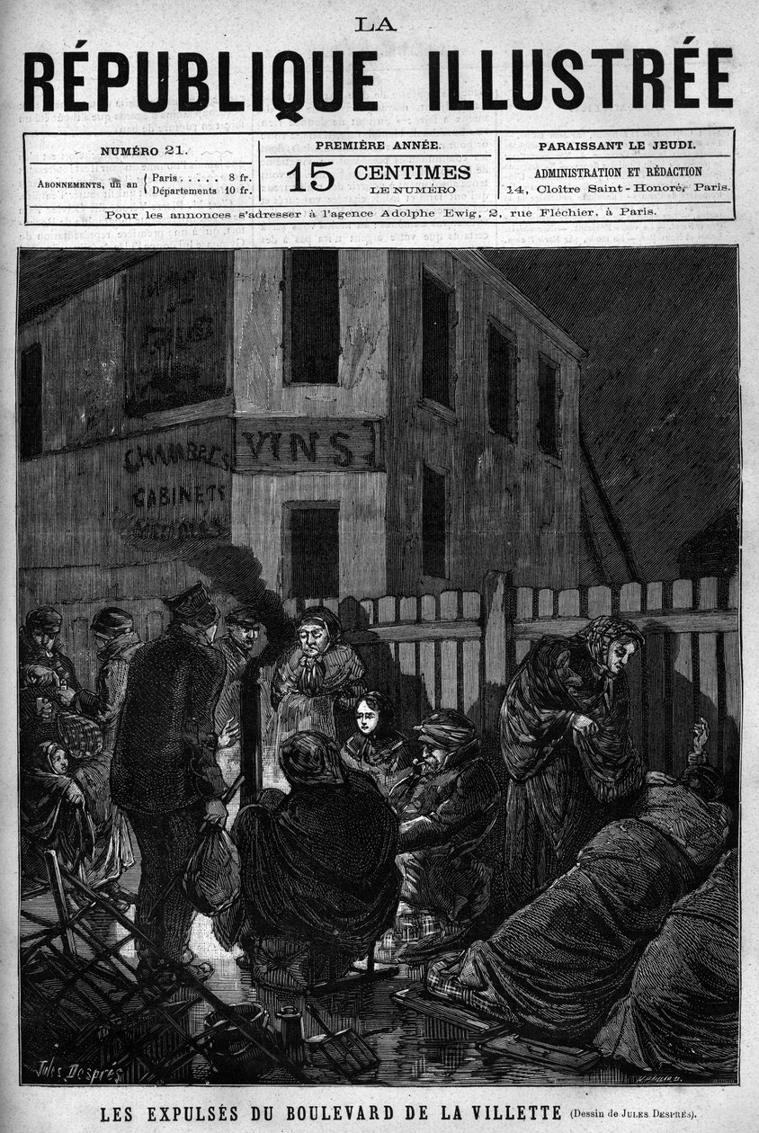 Vystěhování Boulevard de la Villette: dělníci vyhnaní z pařížského města musí spát na ulici (S.D.F.). Noviny. Rytina z roku 1880 v soukromé sbírce „La republique illustree“. od French School