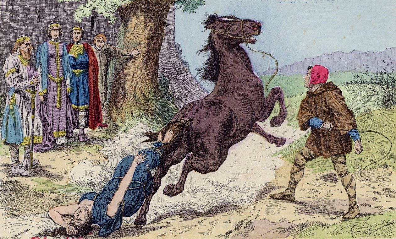 Poprava Brunhildy Rakouské Chlotharem II., 613 (barevná litografie) od French School