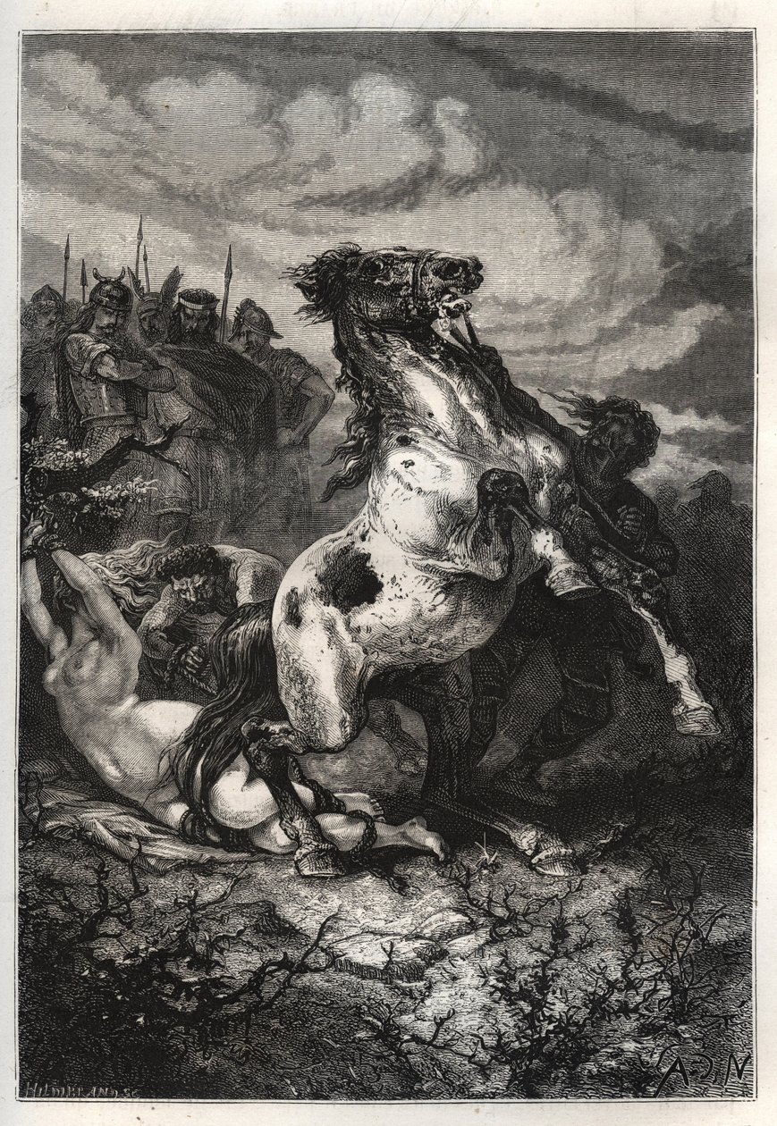 Poprava Brunhildy z Austrasie Chlotharem II., 613 - Smrt královny Brunhildy z Austrasie, vizigótské princezny, provdané za krále Sigeberta I. z Austrasie - Mort de Brunehaut (nebo Brunehilde) nařízená Clotaire (Clothaire) II (613). rytina od French School
