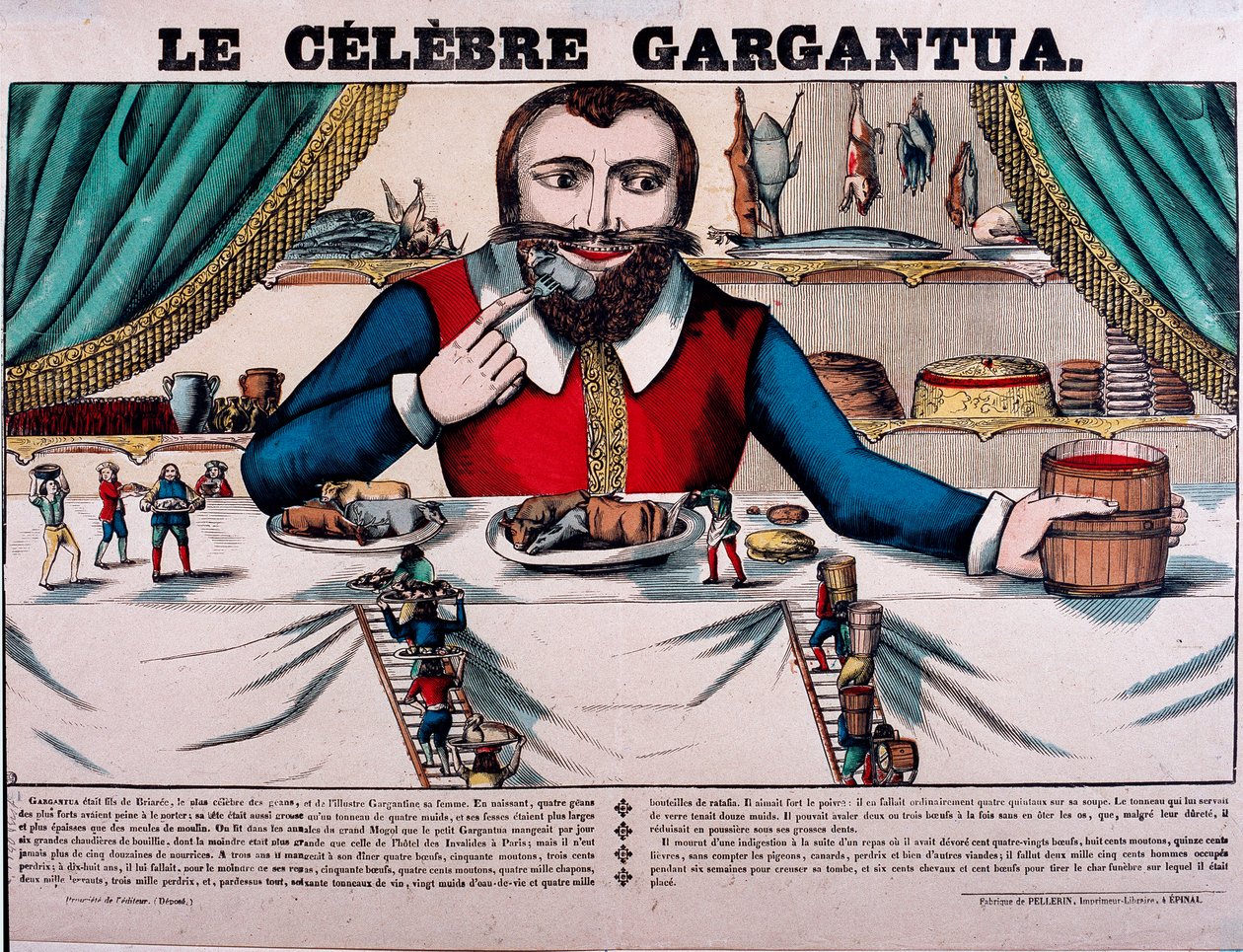 Slavná postava Gargantua z románů Francoise Rabelaise (1494-1553), francouzského spisovatele. Gargantua má velký baldachýn a má všechny druhy nádobí. Epinal Imaging 19. století - od French School