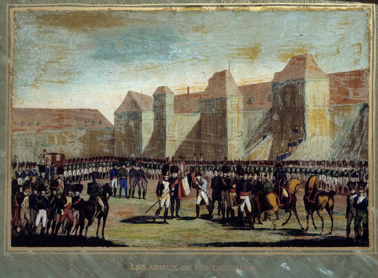 Rozloučení s Napoleonem Bonapartem (1769-1821) má císařská stráž na nádvoří Cheval Blanc ve Fontainebleau dne 20.4.1814. Anonymní malování. 1814 Aix Island, Napoleonské muzeum od French School