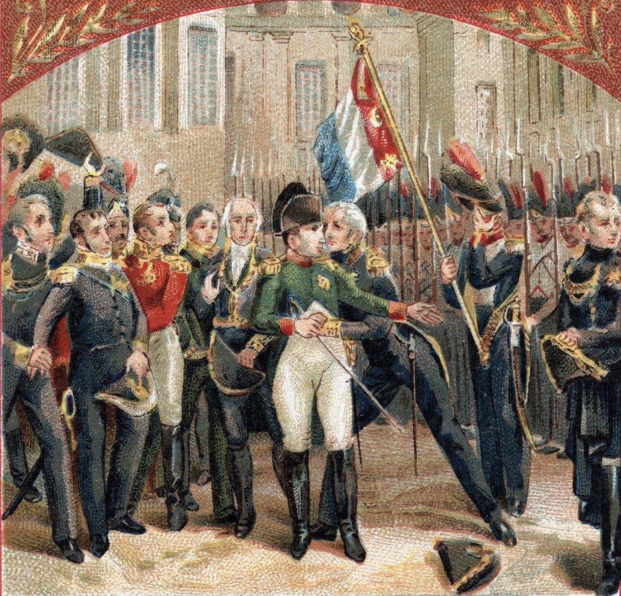 Rozloučení s Napoleonem Bonapartem (1769-1821) má císařská stráž na nádvoří Cheval Blanc na zámku Fontainebleau dne 20.4.1814. Chromolitografie konce 19. století od French School