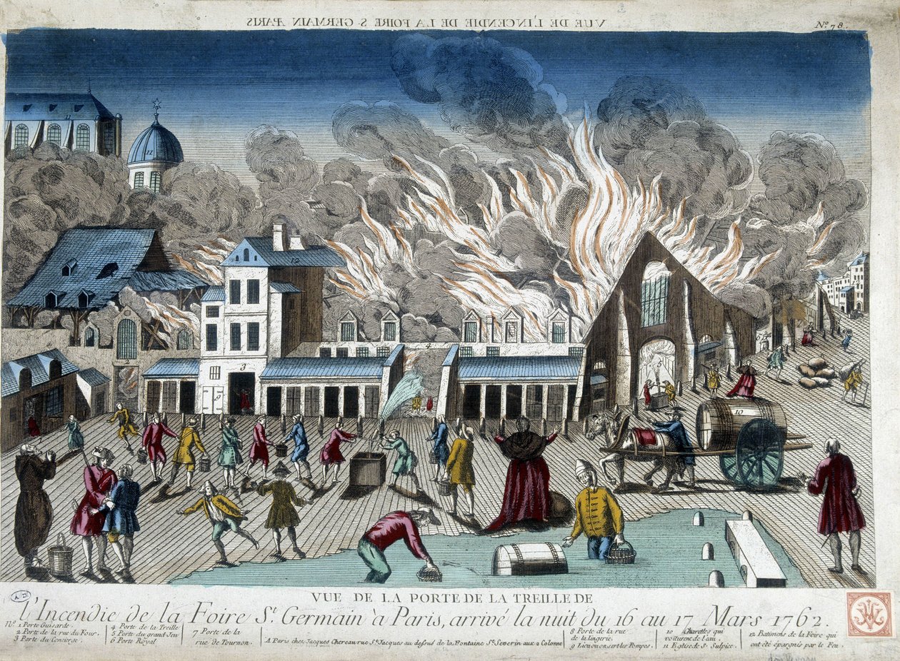 Požár na veletrhu St Germain v Paříži, v noci ze 16. na 17. března 1762 - rytina od French School